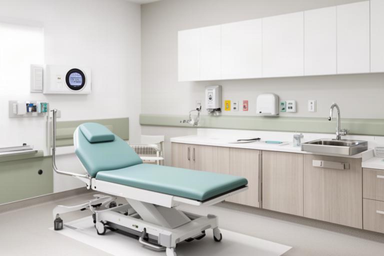 Modern clinic examination room with accessible space beside the treatment table, fitted cabinetry and hand-washing sink