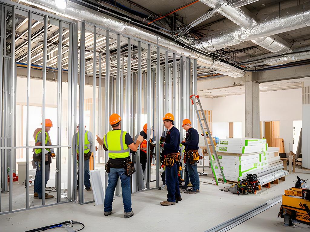 Commercial construction crew coordinating interior framing and mechanical rough-in on an active building site