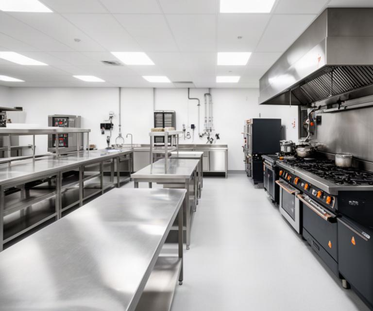 Commercial kitchen work area with stainless preparation tables, a cooking line and clear access between equipment