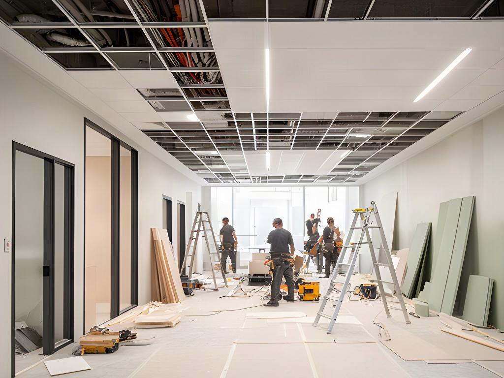 Commercial interior renovation in progress with a protected work zone, ceiling grid, and trades preparing a finished tenant space