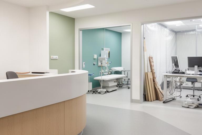 Bright clinic reception and treatment room with accessible circulation, durable finishes and construction work kept to a separate area