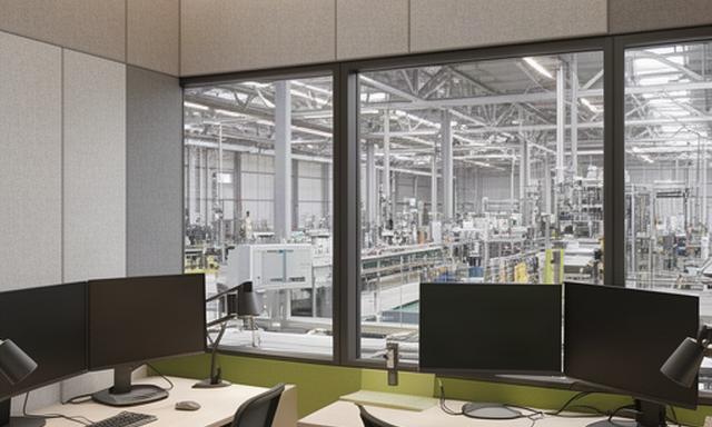 Plant control room with glazed sightlines to the production floor, workstation desks and acoustic wall finishes