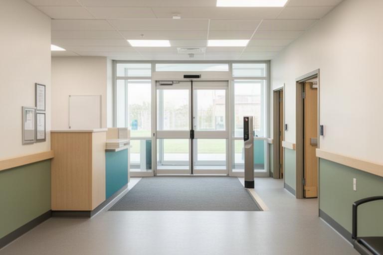 Welcoming public facility reception with a clear accessible approach, controlled visitor entry and durable wall finishes