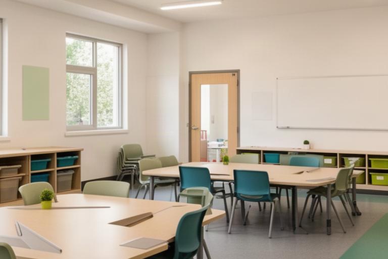 Renovated community classroom with flexible tables, visible sightlines to the doorway and durable flooring for daily programs