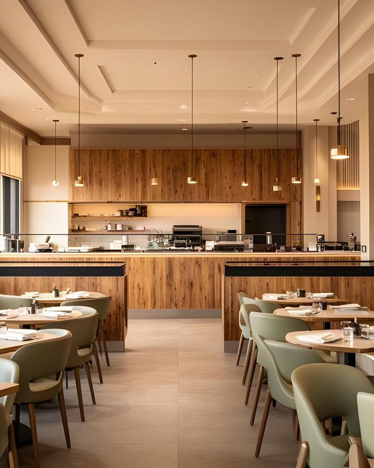 Warm modern restaurant interior in Niagara with a long timber service counter, pendant lighting and neatly set dining tables