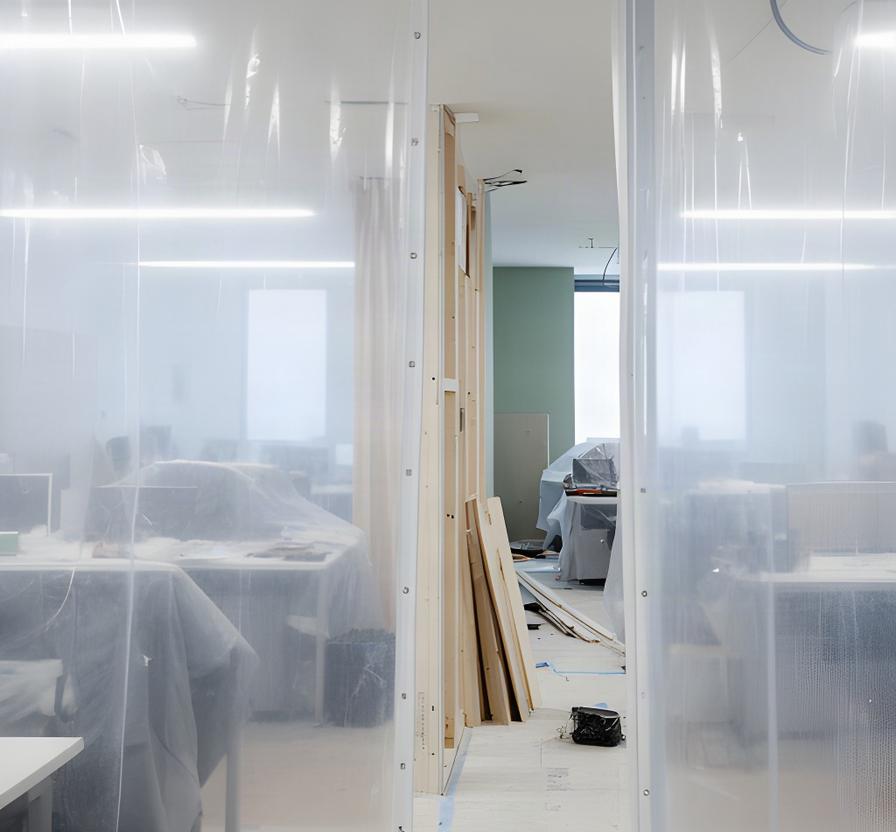 Office renovation in progress behind dust containment, with protected desks beyond the active construction area