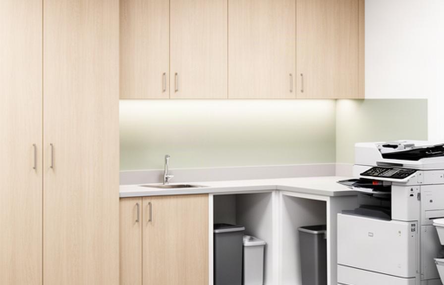 Compact office support area with kitchenette, closed storage and a tidy shared printer station