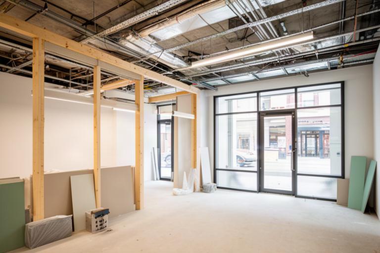 Former office interior being reconfigured for a street-facing retail tenant, with open ceiling work and new storefront glazing